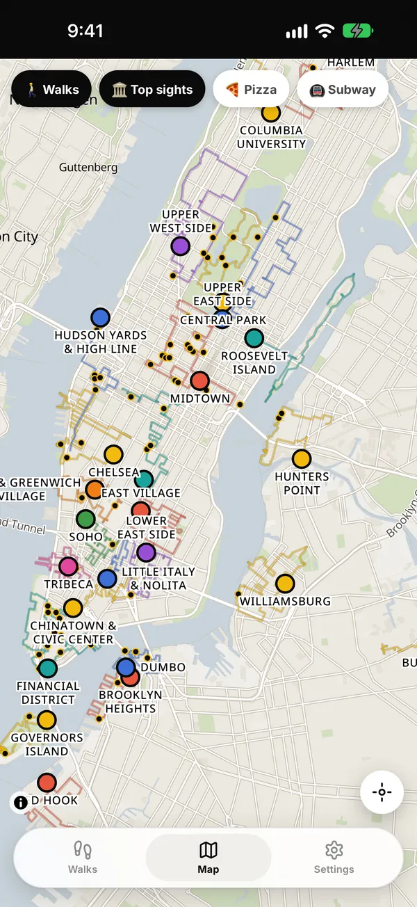 The explore map with every walk, top sights and pizza