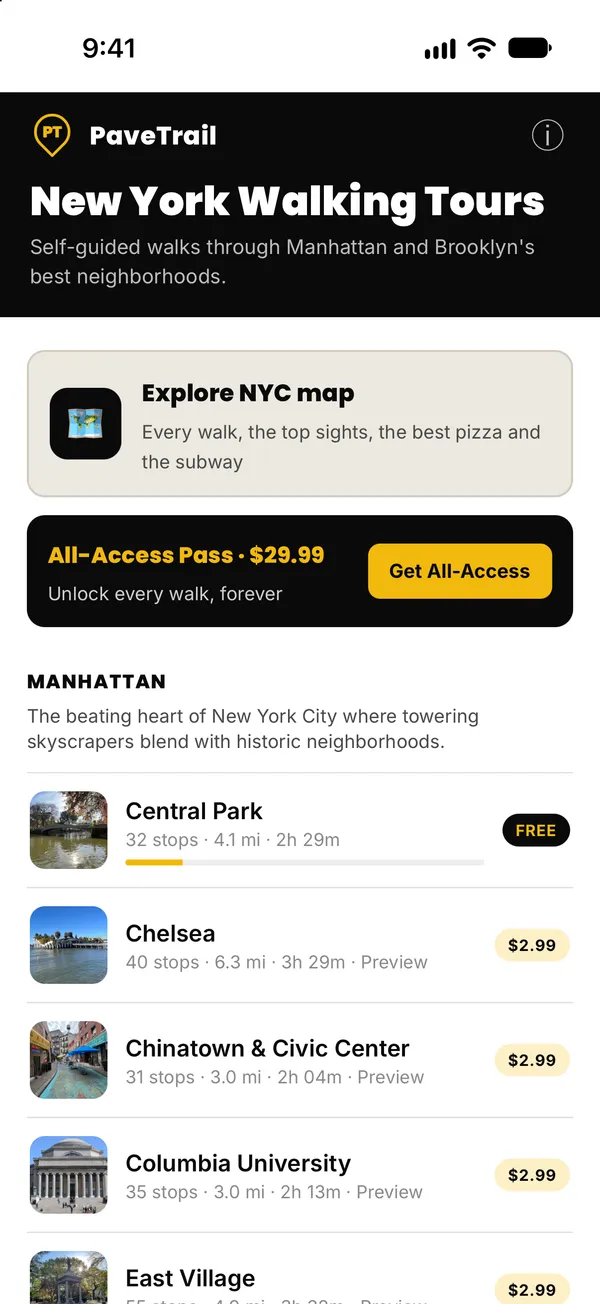 The list of New York walks in the PaveTrail app