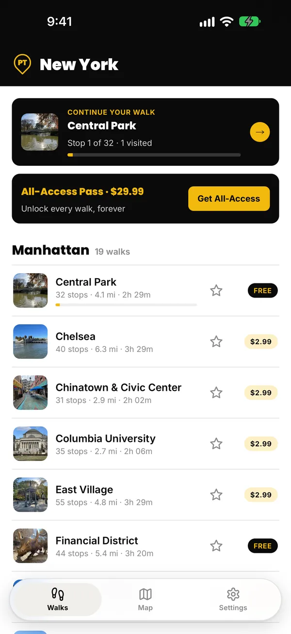The list of New York walks in the PaveTrail app