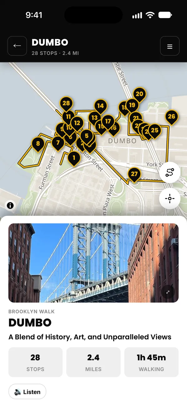 The DUMBO walk on the offline map with all 28 stops