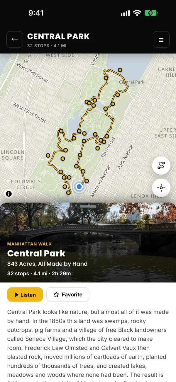The Central Park walk on the offline map with all 32 stops