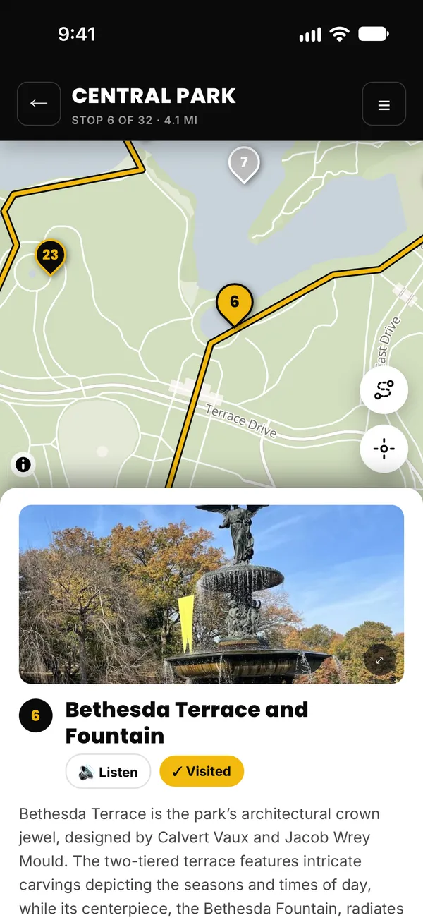The PaveTrail app showing stop 6 of the Central Park walk, Bethesda Terrace, on the offline map