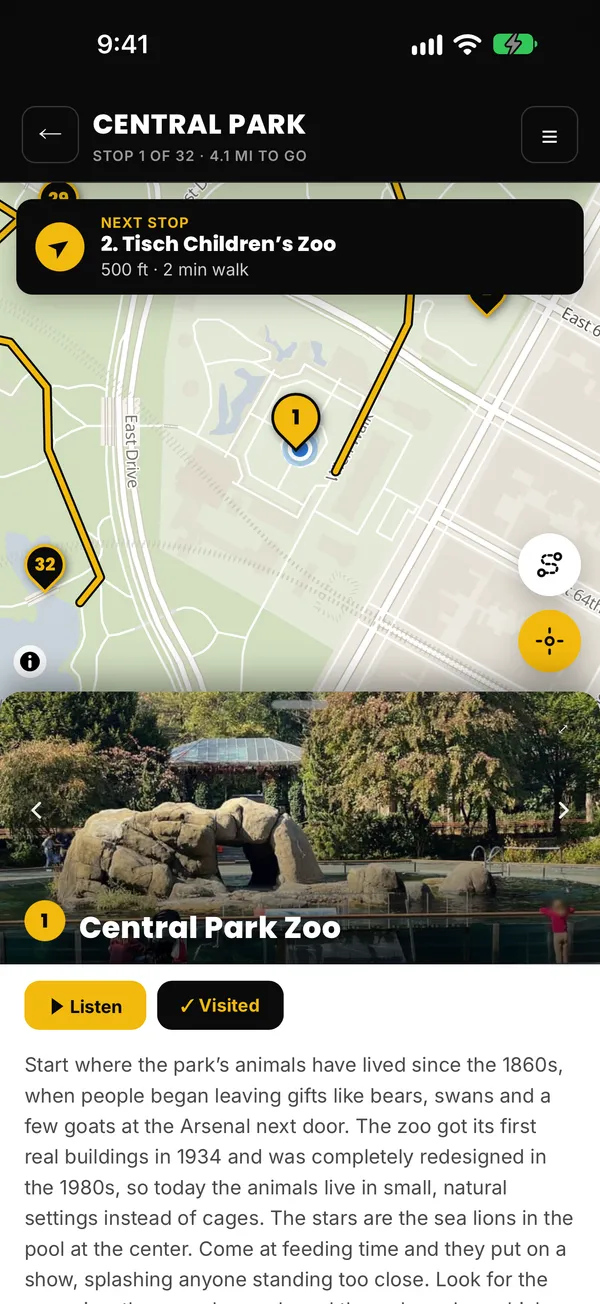 The PaveTrail app at the first stop of the Central Park walk, the zoo, with directions to the next stop