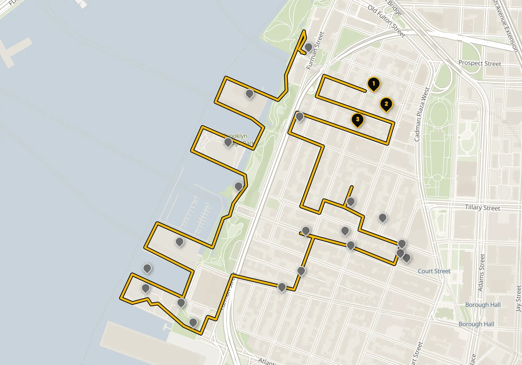 Map of the Brooklyn Heights walking route with its 23 stops
