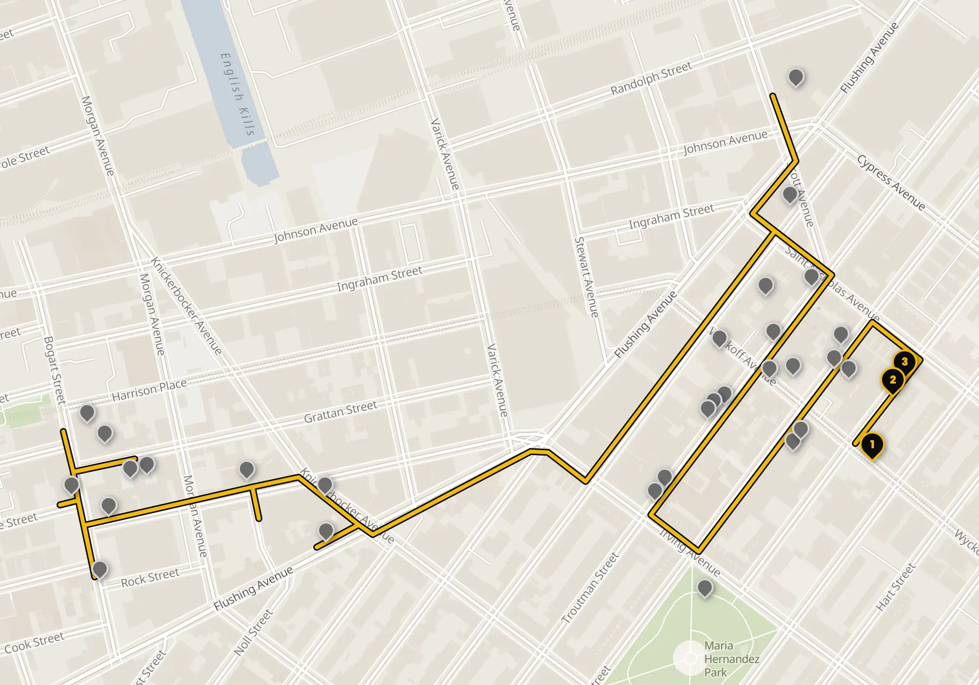 Map of the Bushwick walking route with its 32 stops