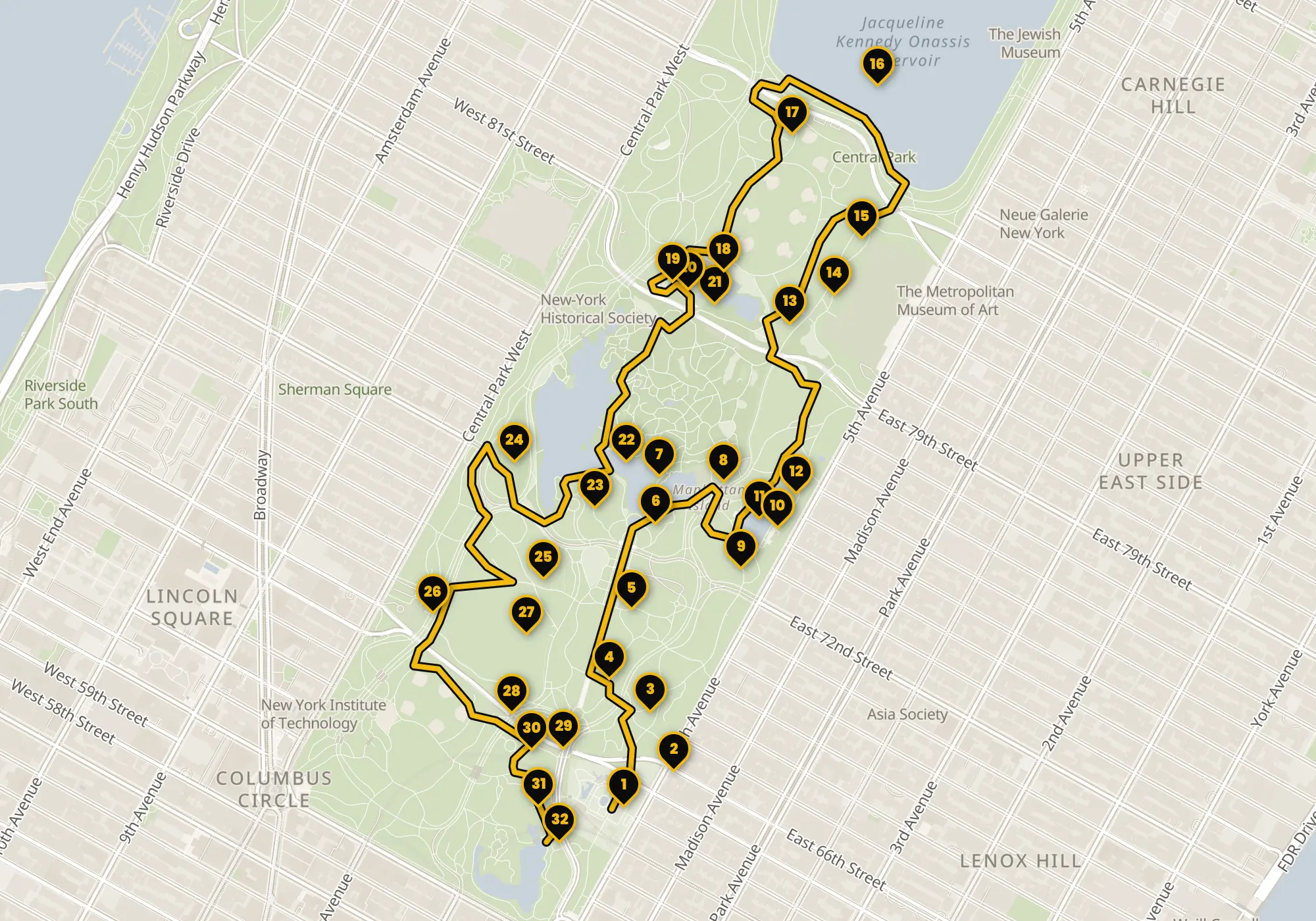 Map of the Central Park walking route with its 32 stops
