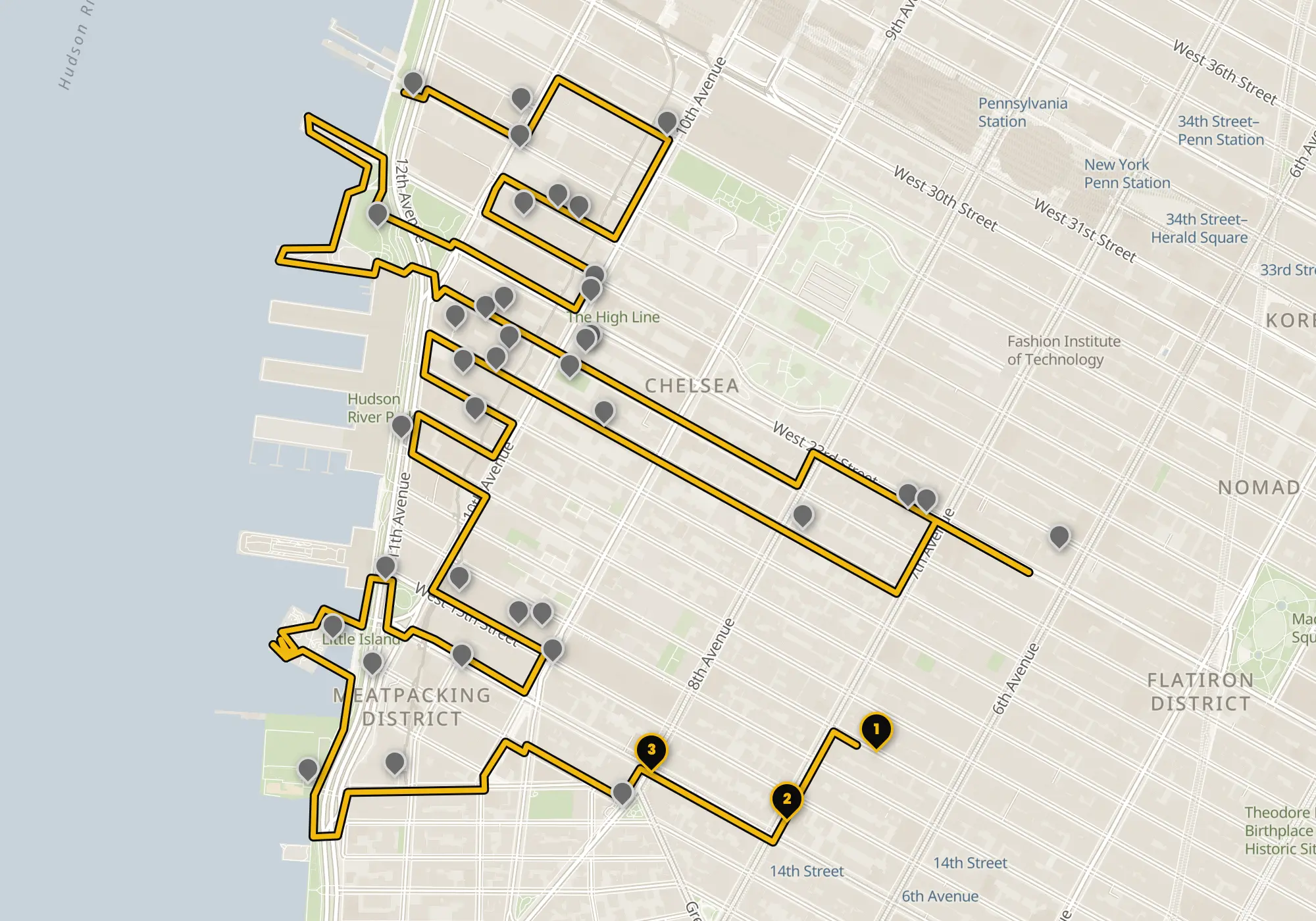 Map of the Chelsea walking route with its 40 stops