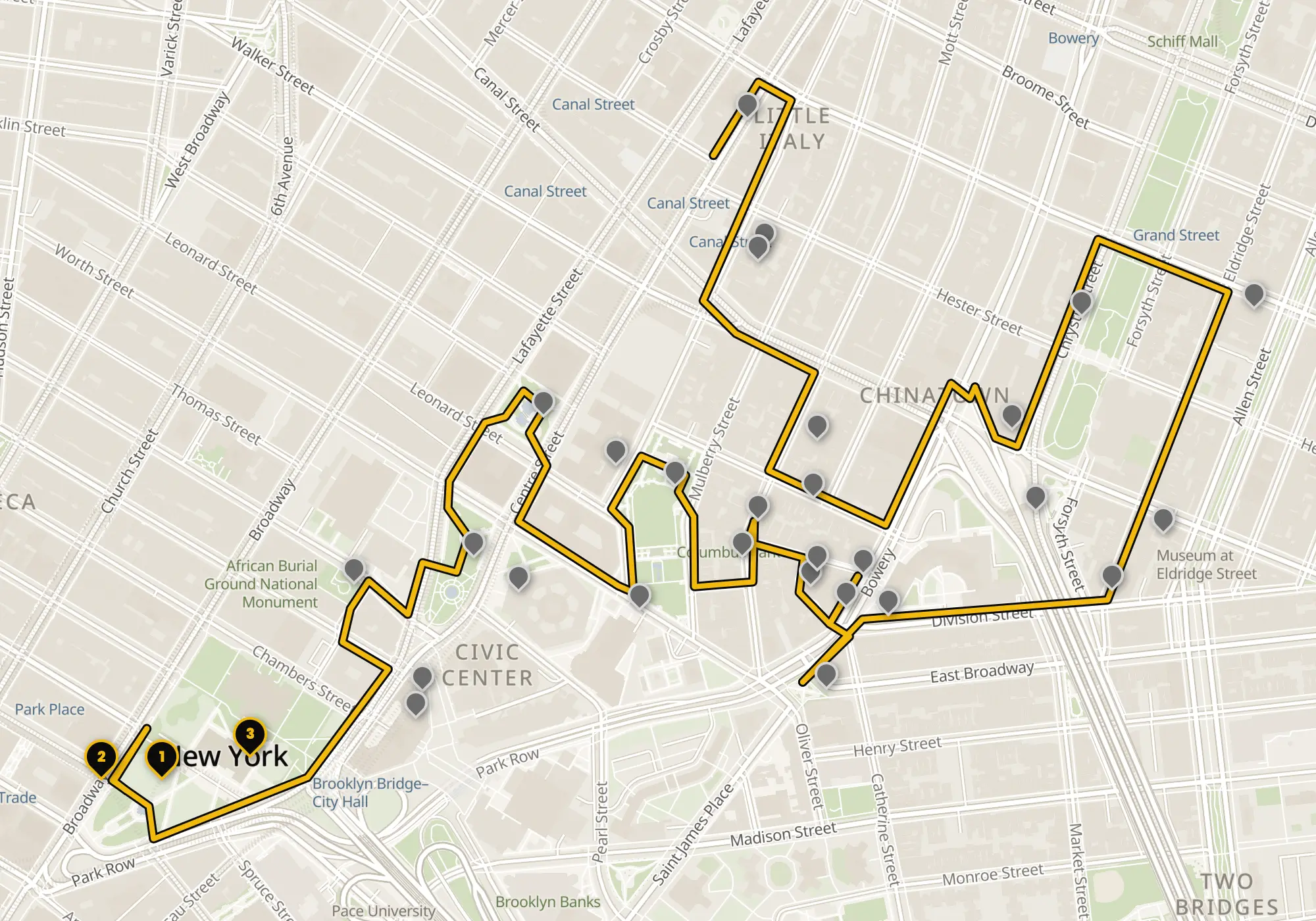 Map of the Chinatown & Civic Center walking route with its 31 stops