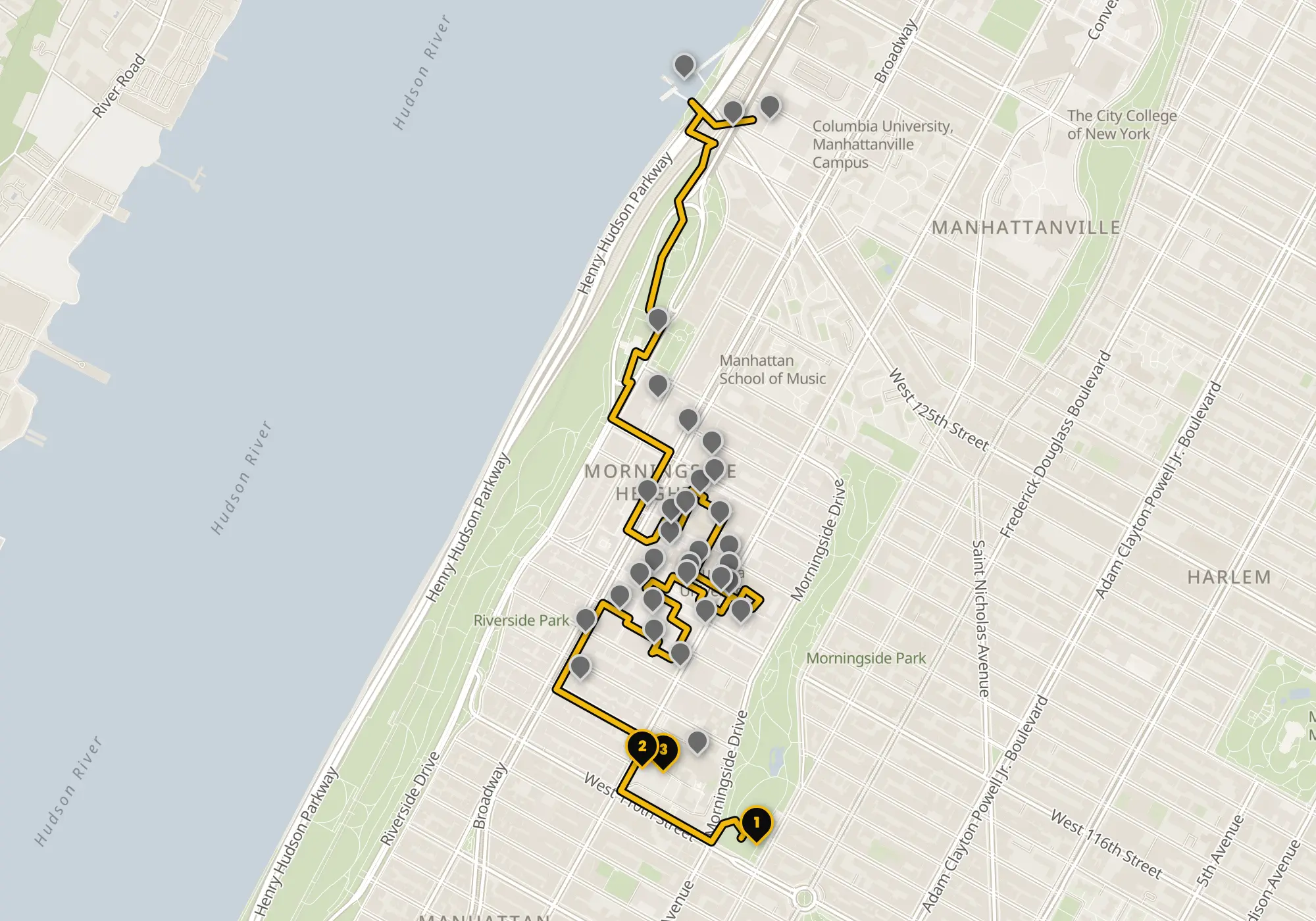 Map of the Columbia University walking route with its 35 stops