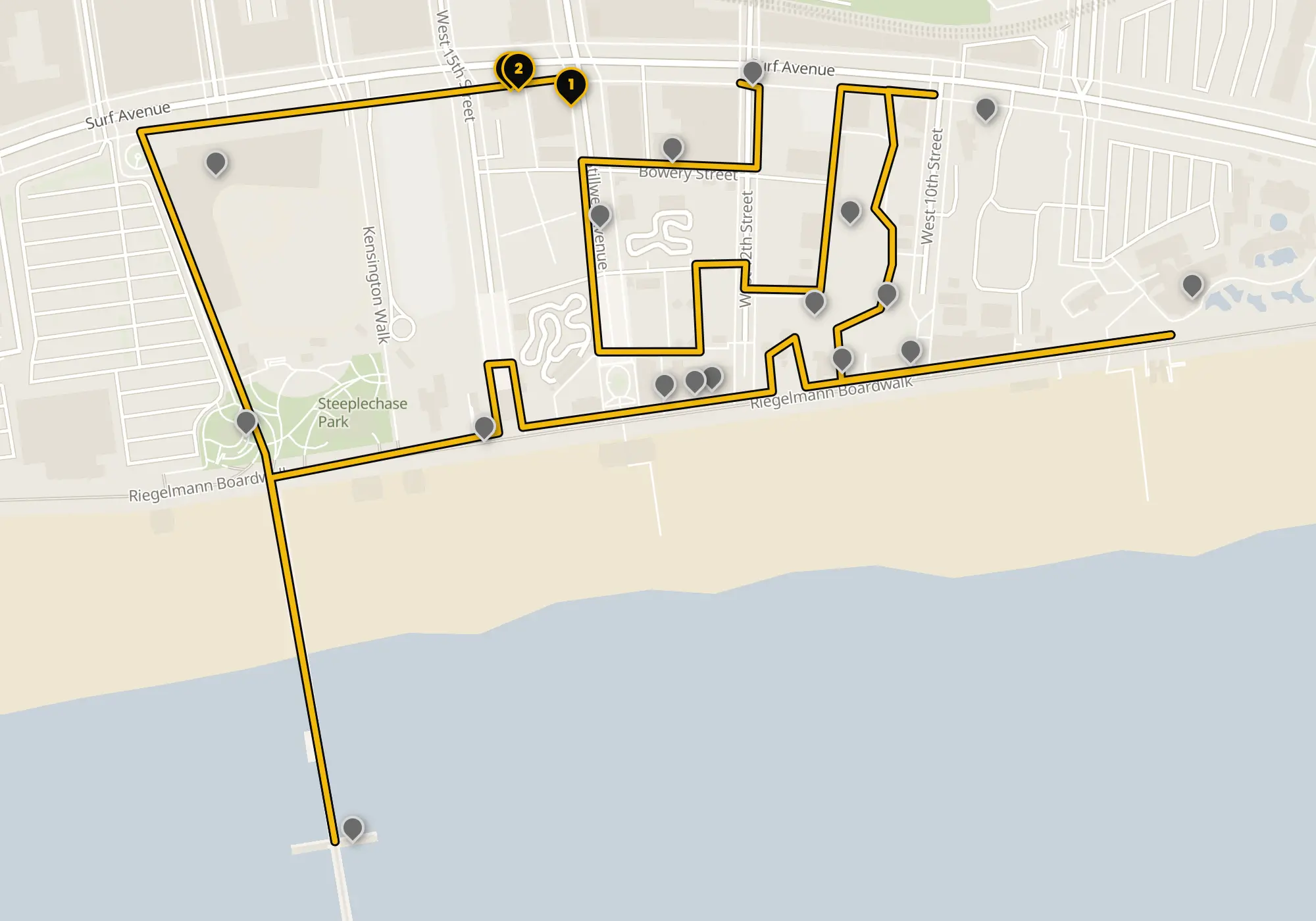 Map of the Coney Island walking route with its 20 stops