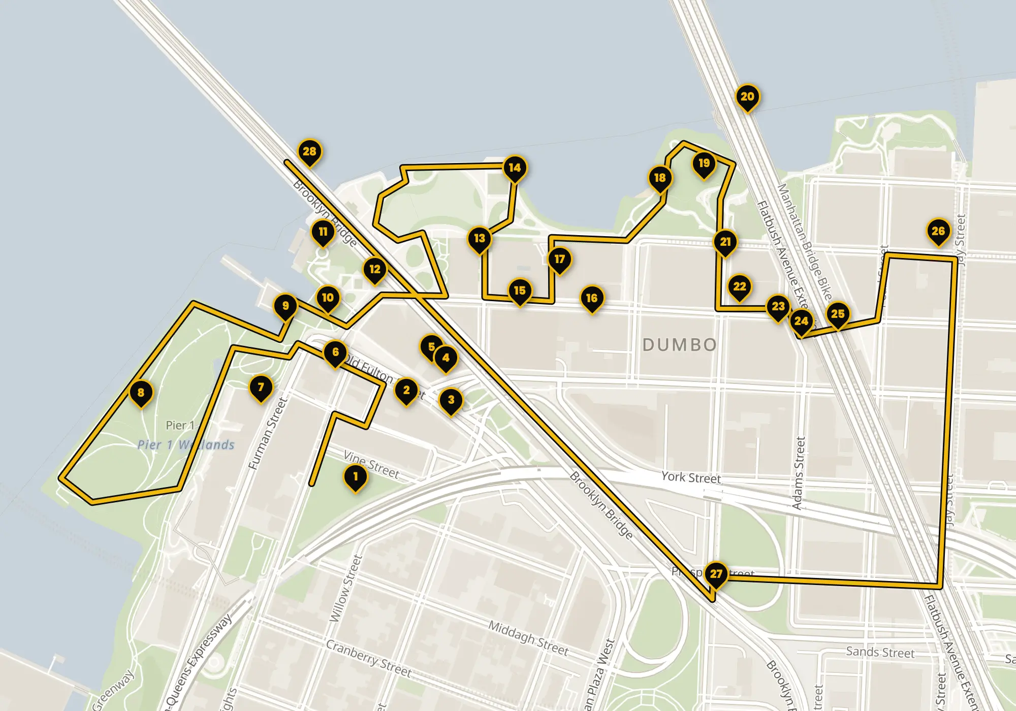 Map of the DUMBO walking route with its 28 stops