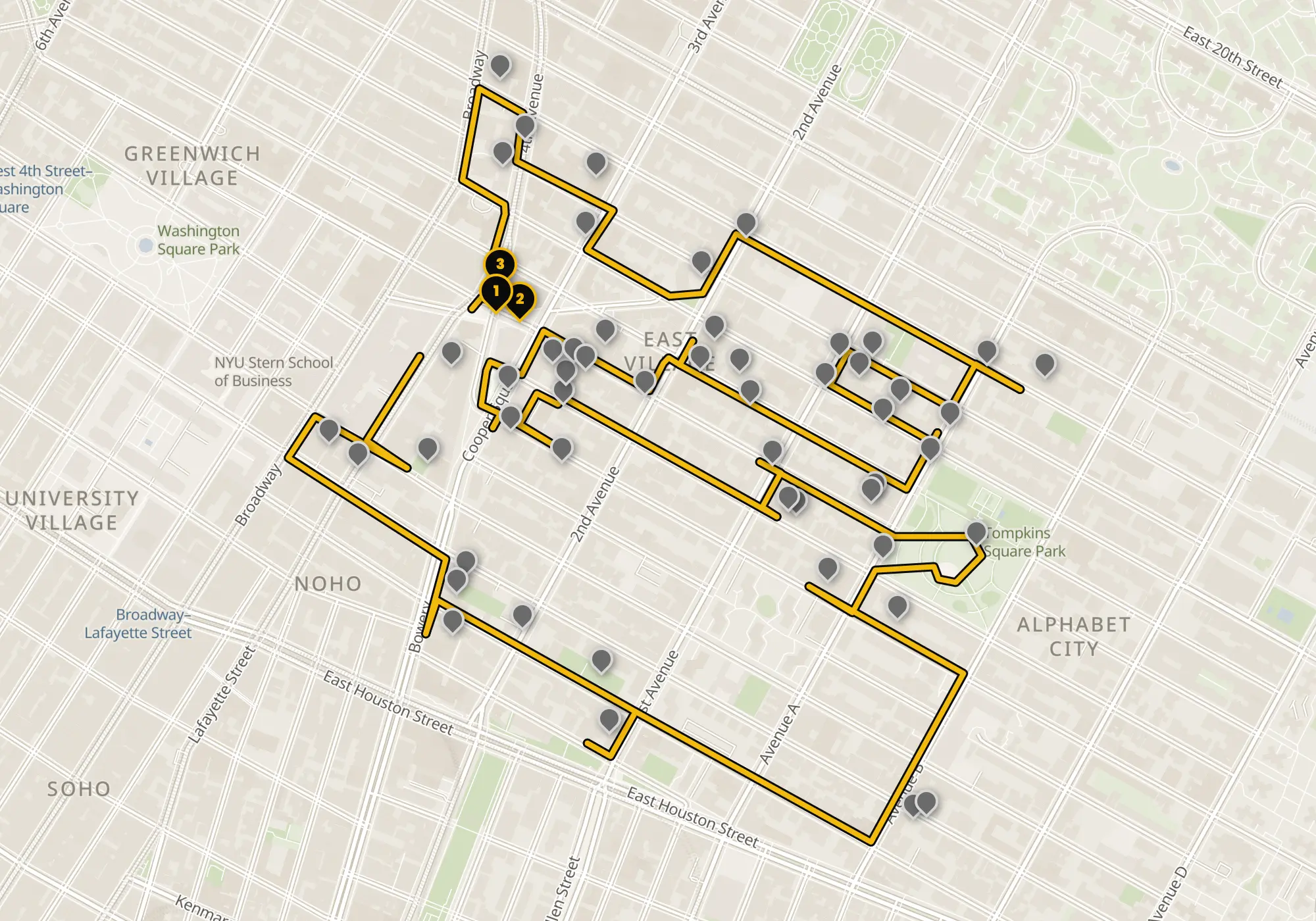 Map of the East Village walking route with its 55 stops