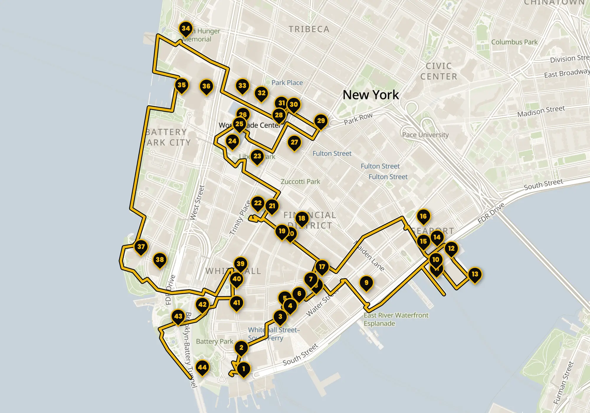 Map of the Financial District walking route with its 44 stops