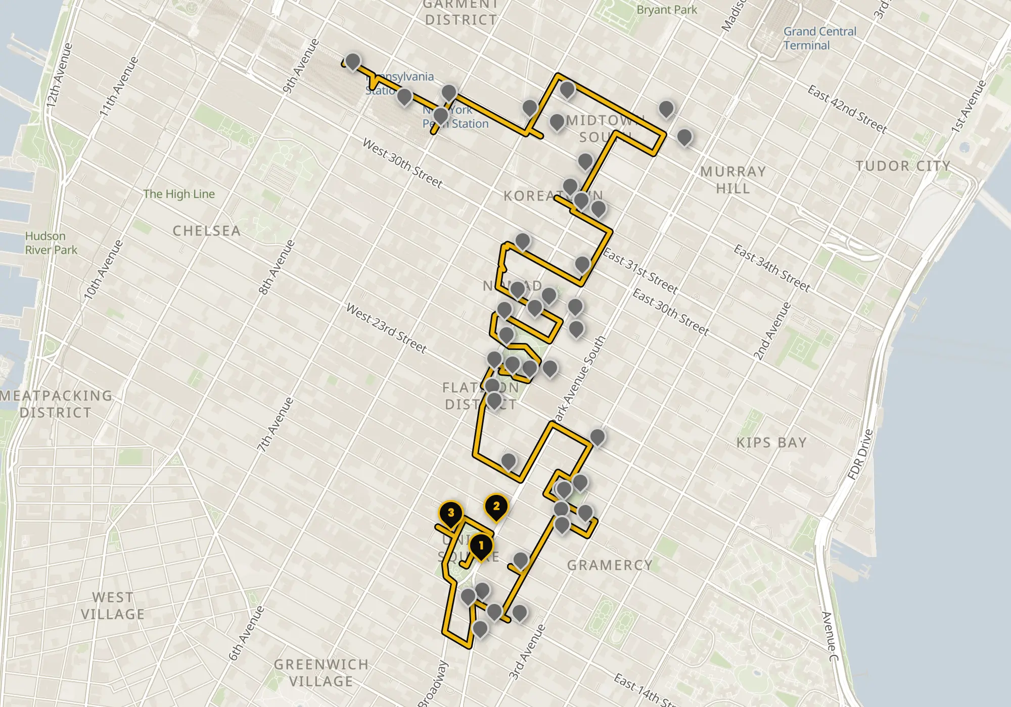 Map of the Flatiron & NoMad walking route with its 45 stops