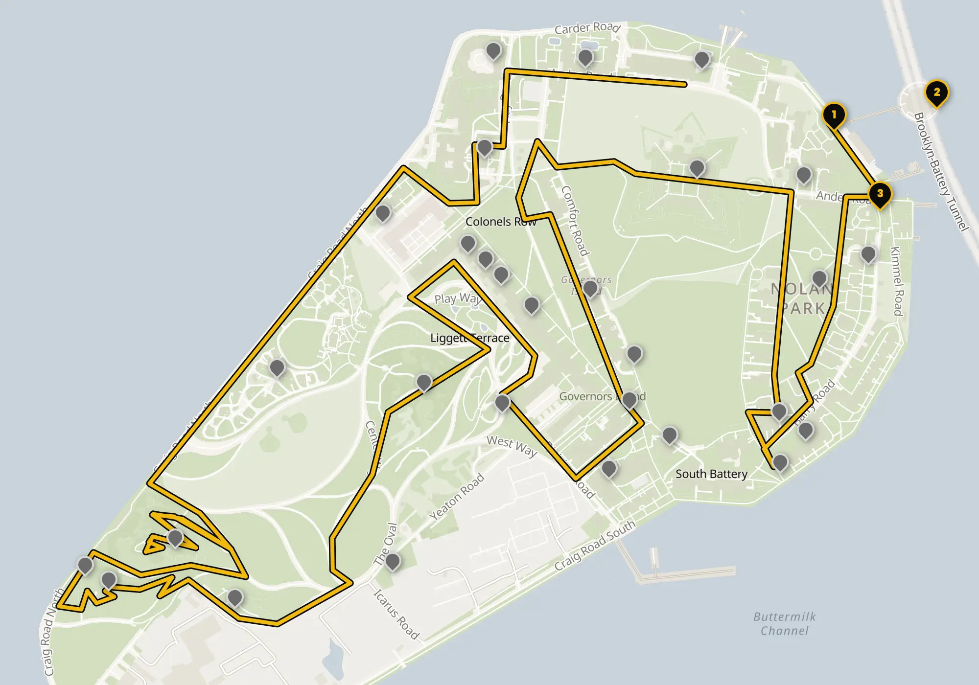 Map of the Governors Island walking route with its 32 stops