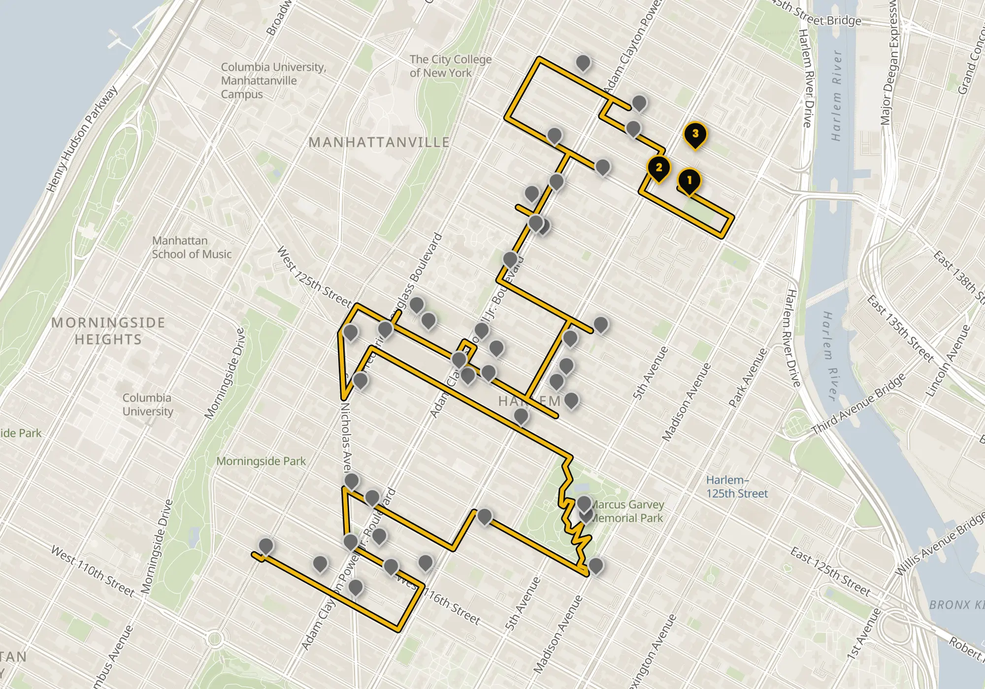 Map of the Harlem walking route with its 42 stops