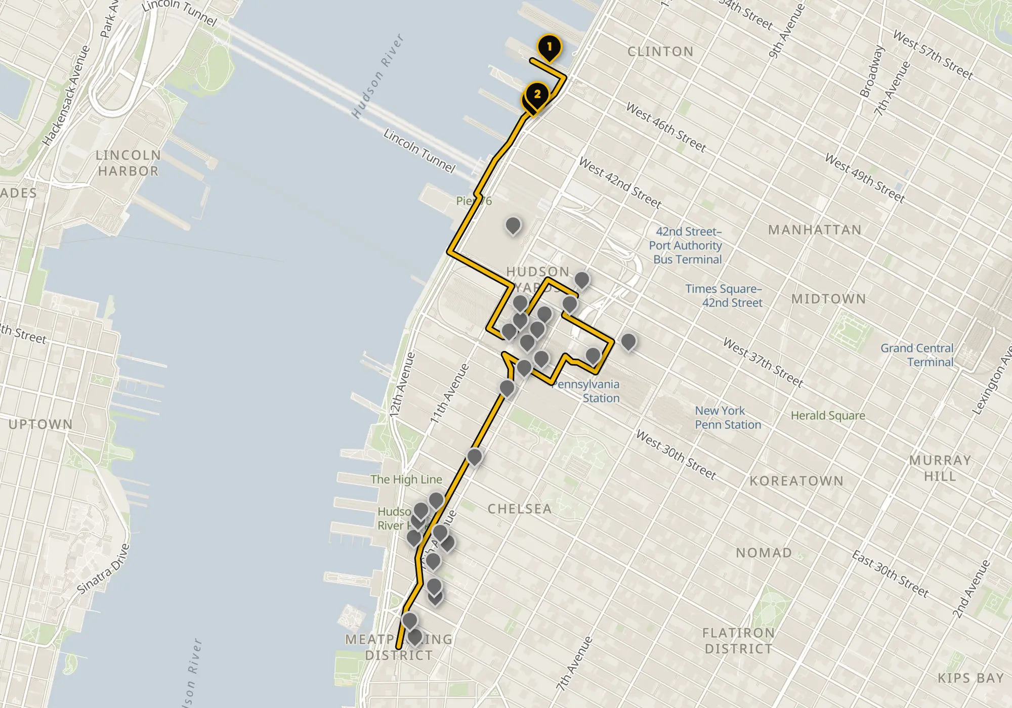 Map of the Hudson Yards & High Line walking route with its 29 stops