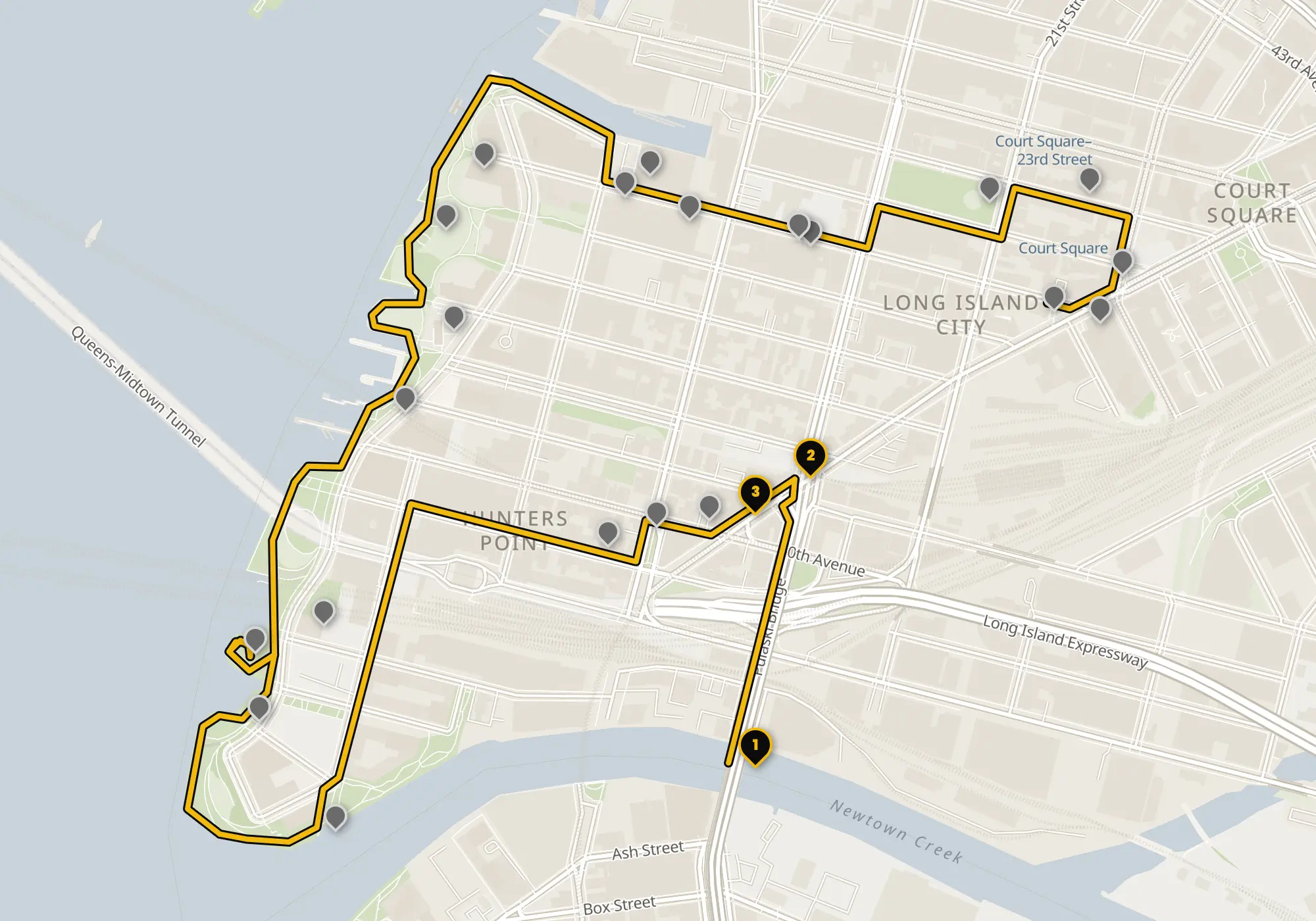 Map of the Hunter’s Point walking route with its 24 stops