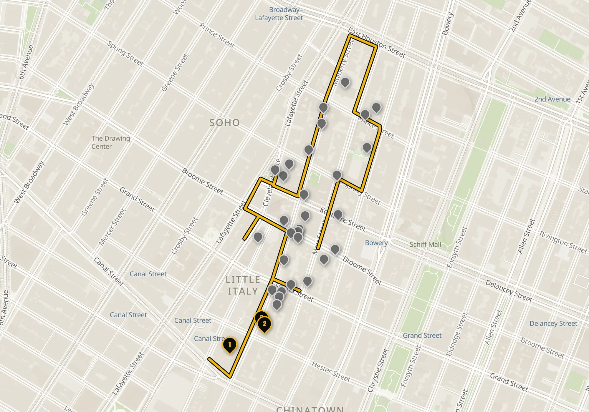 Map of the Little Italy & Nolita walking route with its 32 stops