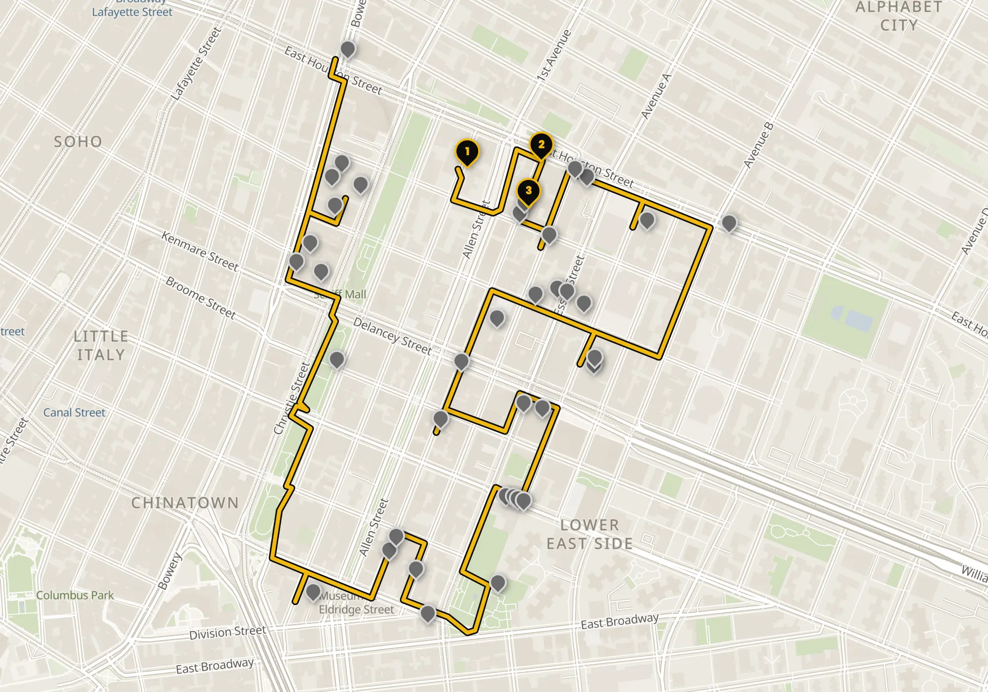 Map of the Lower East Side walking route with its 40 stops