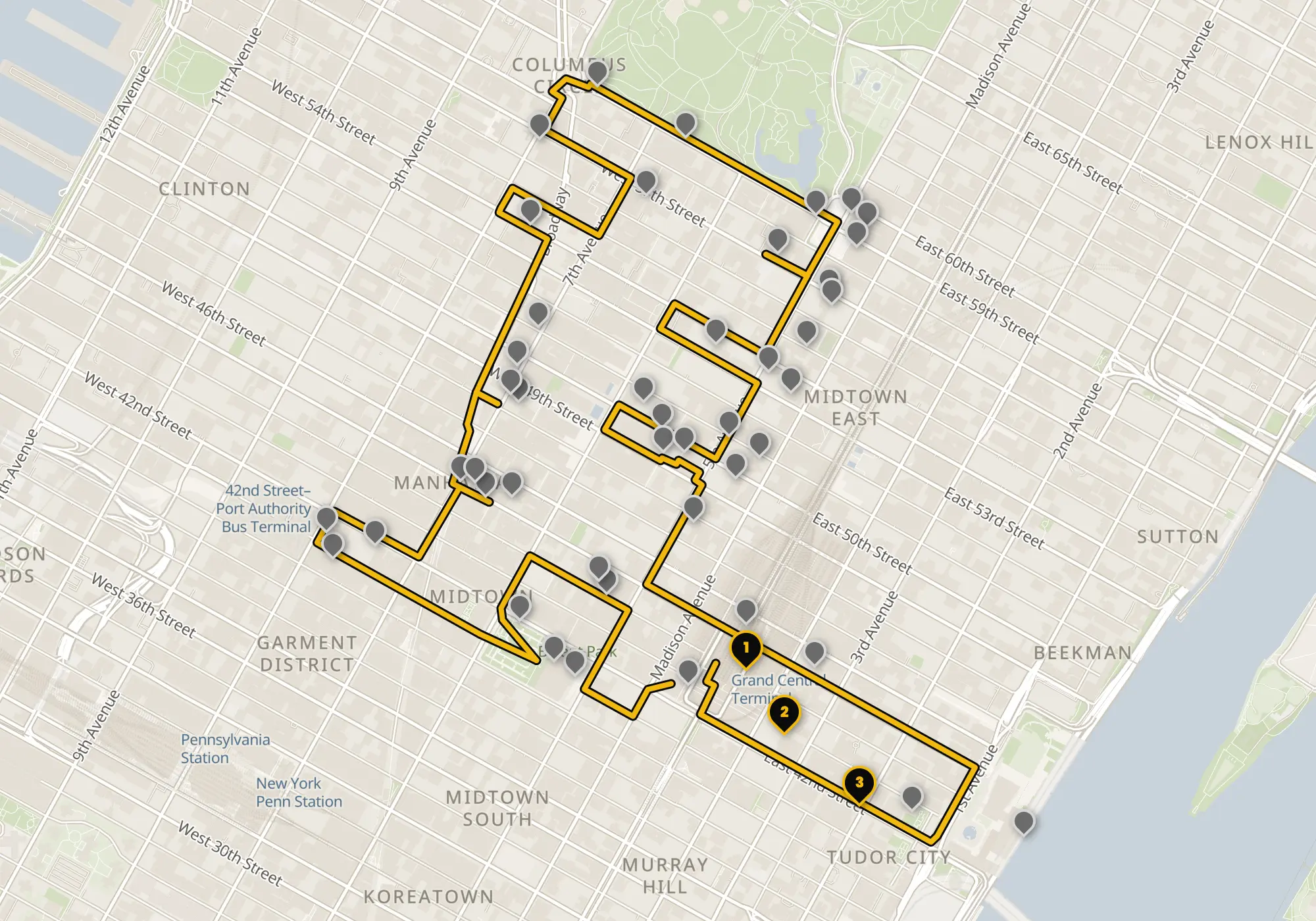 Map of the Midtown walking route with its 48 stops