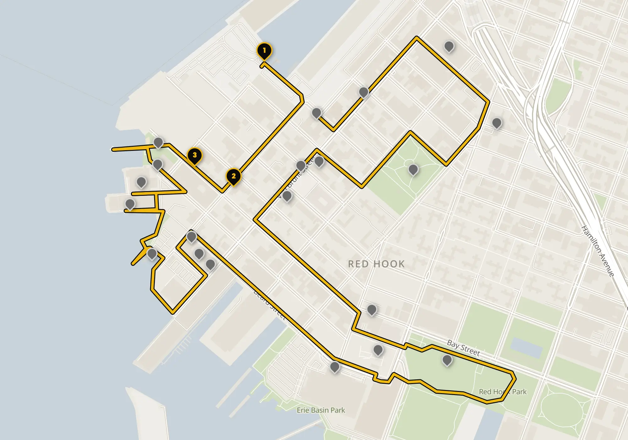 Map of the Red Hook walking route with its 23 stops