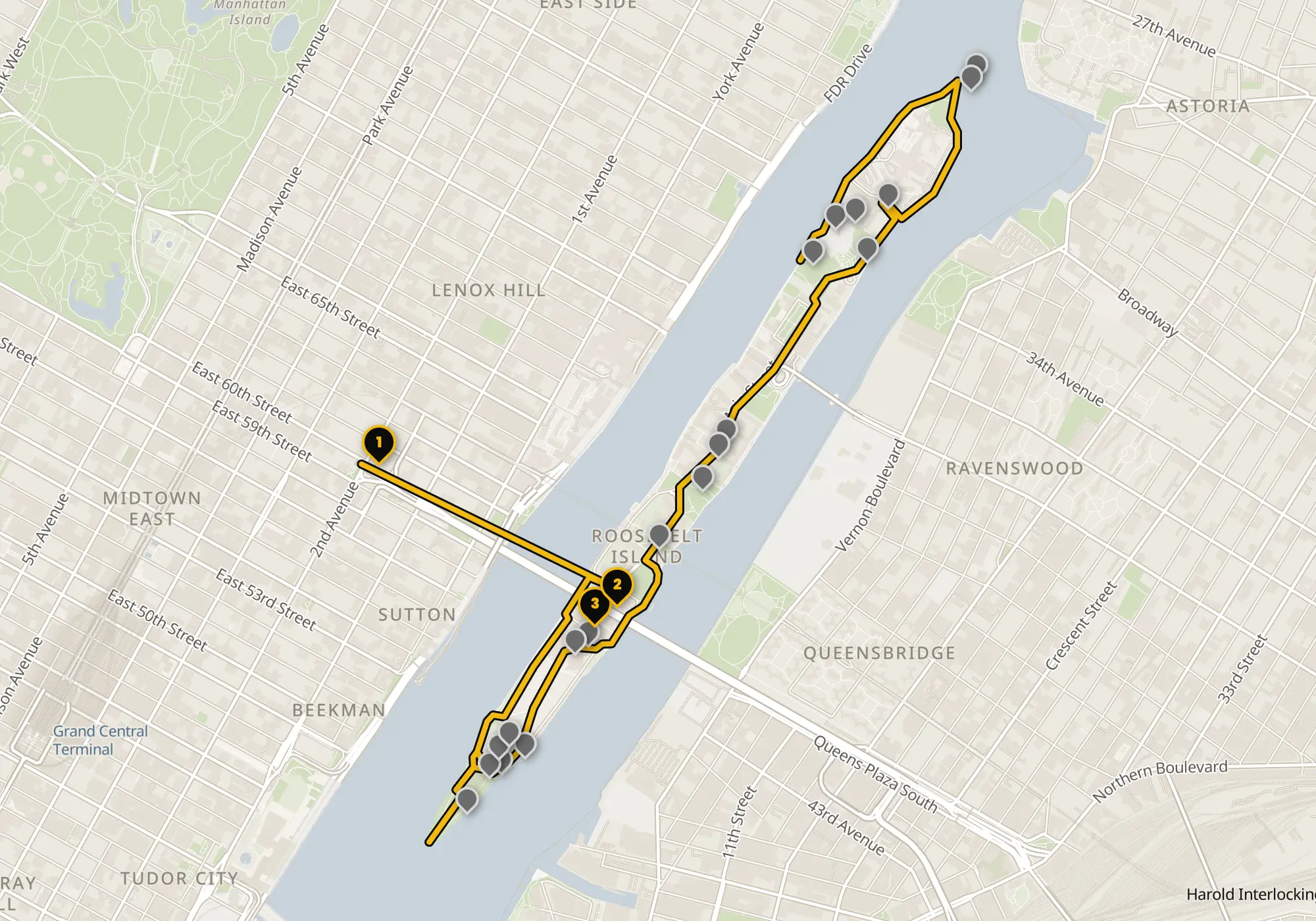 Map of the Roosevelt Island walking route with its 22 stops