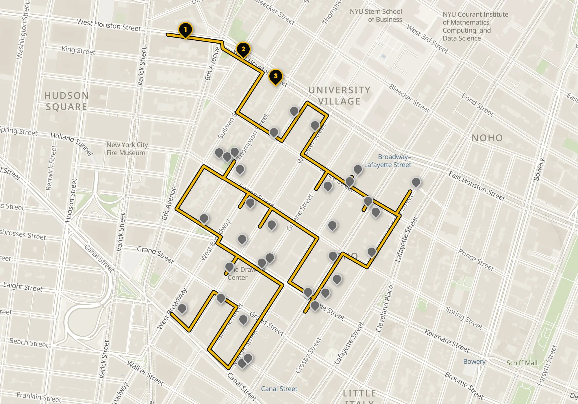 Map of the SoHo walking route with its 35 stops