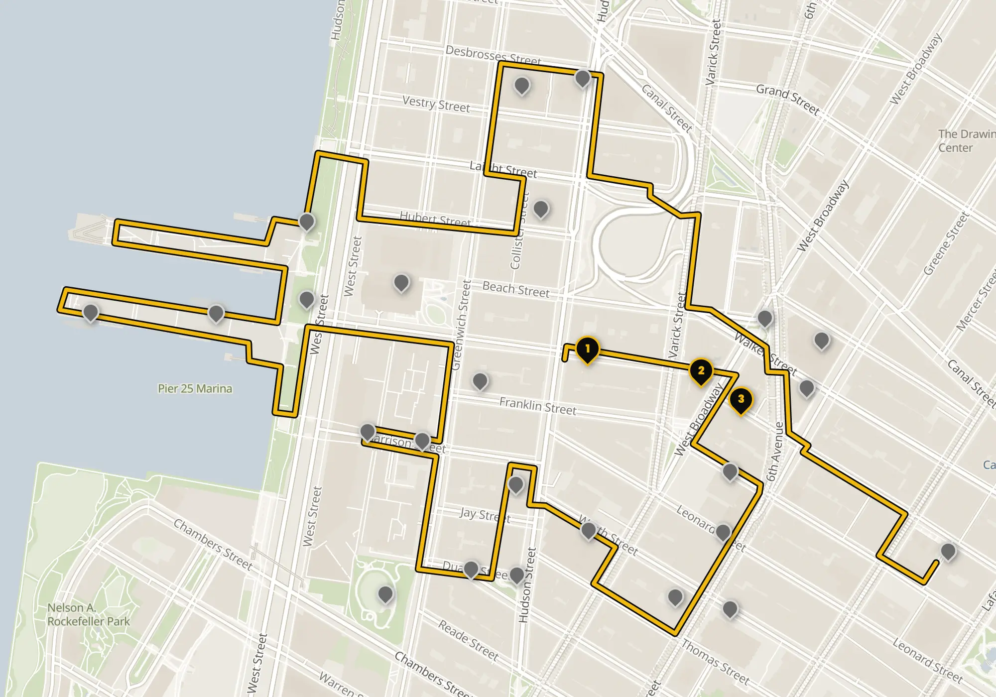 Map of the Tribeca walking route with its 27 stops