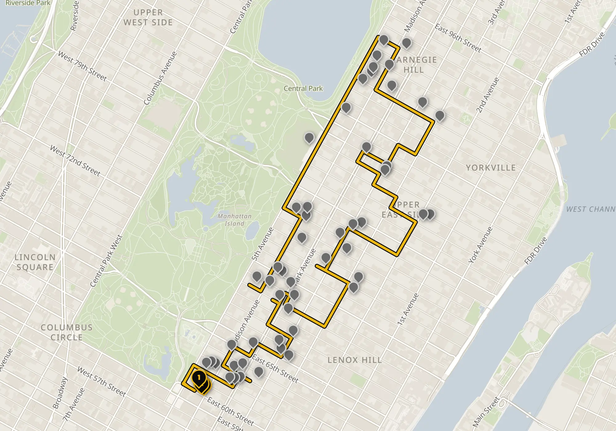 Map of the Upper East Side walking route with its 55 stops