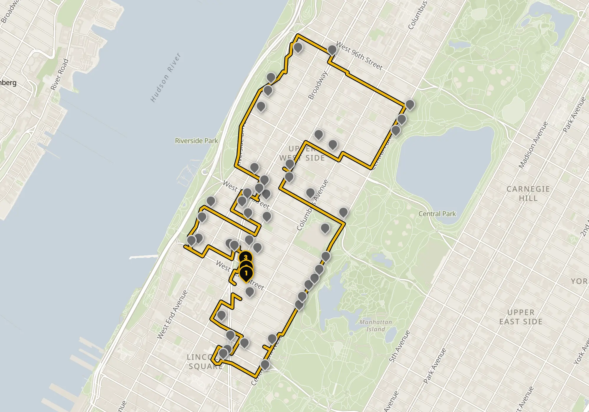 Map of the Upper West Side walking route with its 48 stops