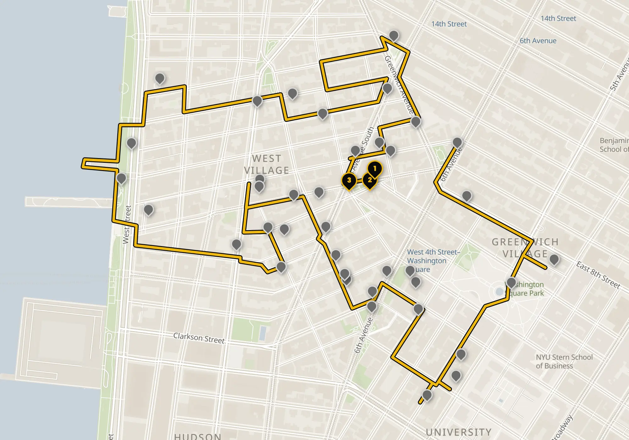 Map of the West & Greenwich Village walking route with its 41 stops