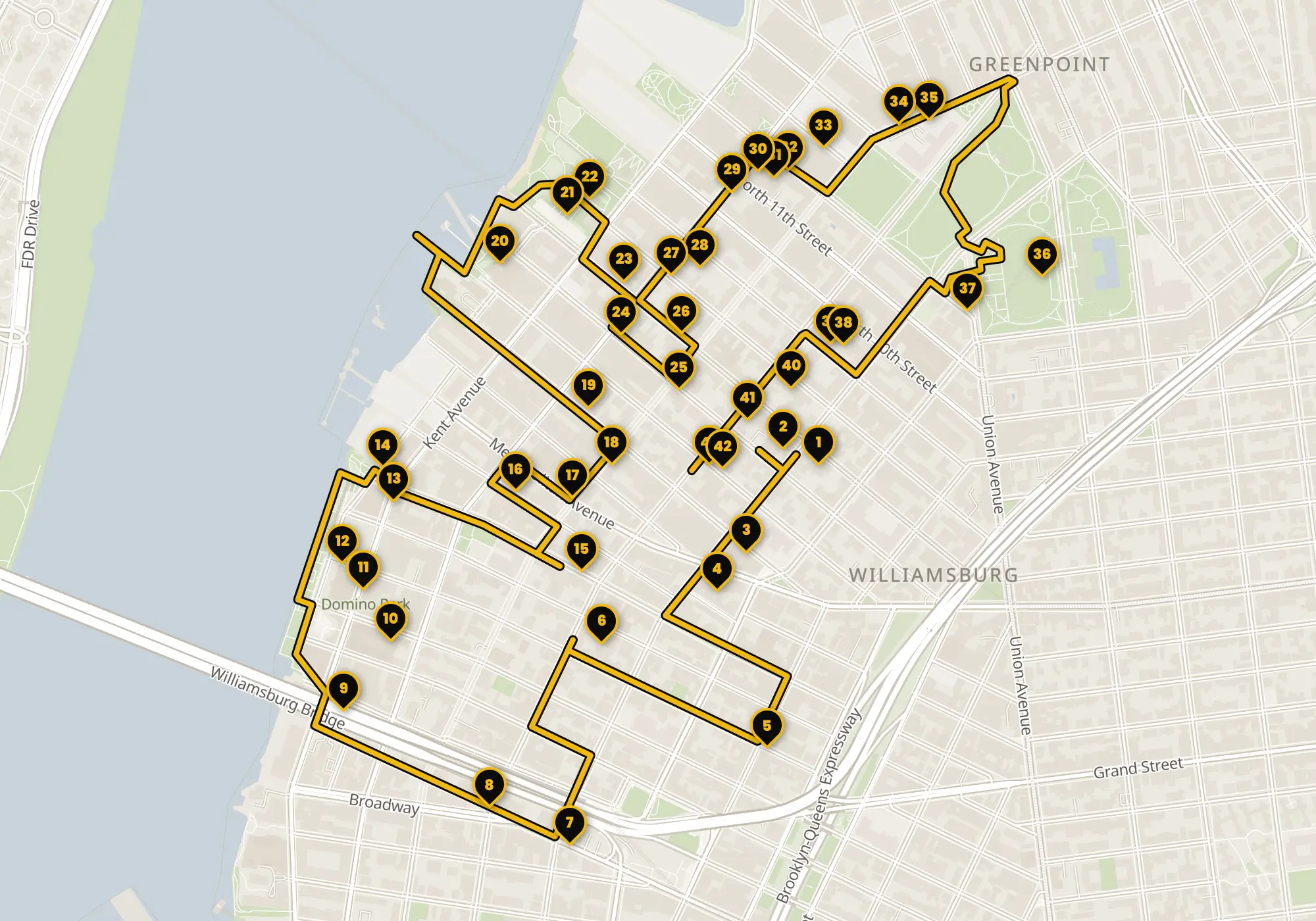 Map of the Williamsburg walking route with its 43 stops